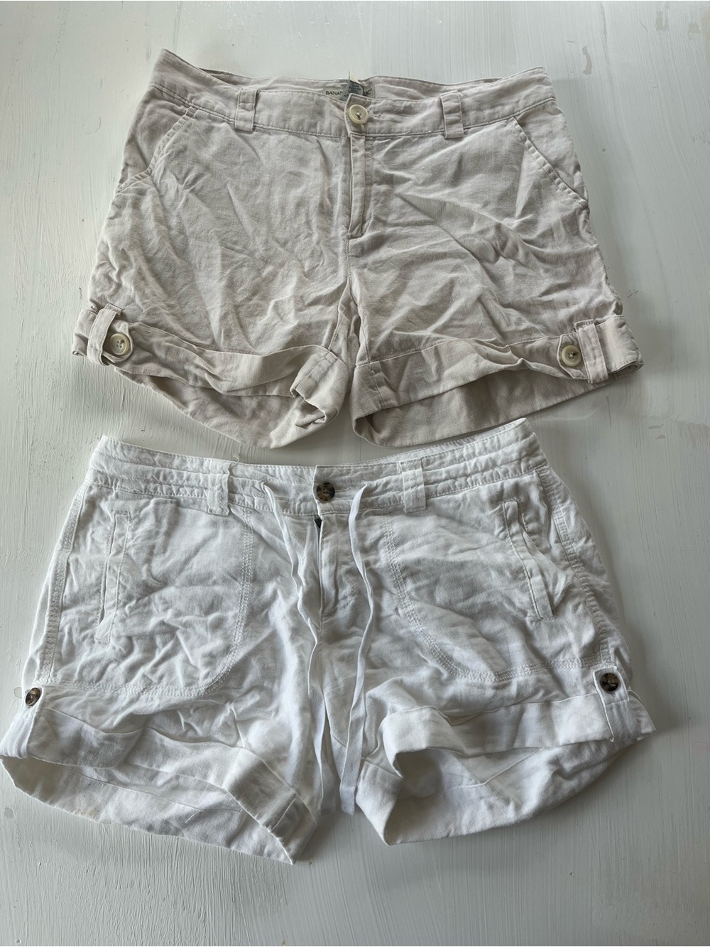Linen Women's Roll-Cuff Bermuda Shorts in White and Beige - Summer Lot